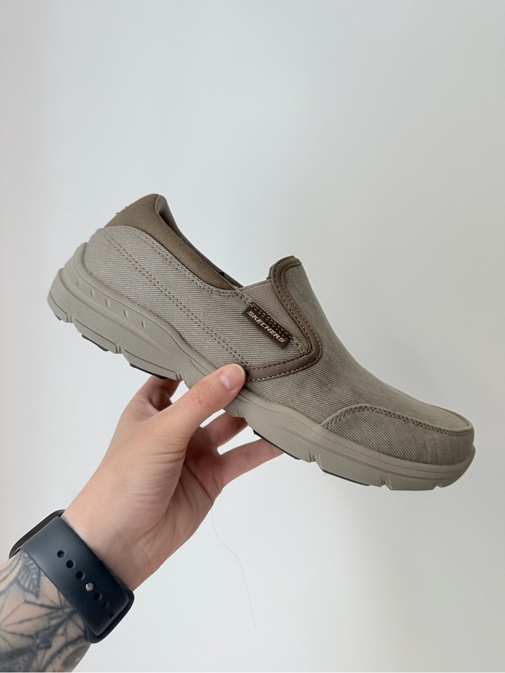 Skechers Men's Slip-On Sneaker in Olive Green and Taupe